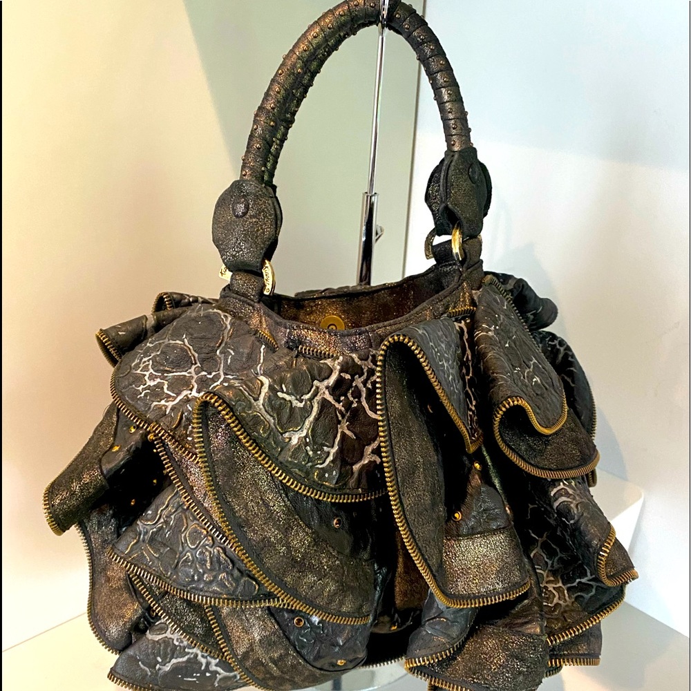 RARE🔥HoboPleated Black Leather Shoulder Bag embellished with Swarovski crystals